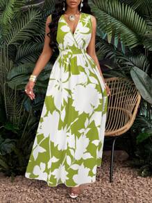 SHEIN VaVaLuxe Vestido largo de vacaciones con impresión tropical, cuello en V profundo y corte ajustado en la cintura estilo 'fit-and-flare' - Verde - Ver 3