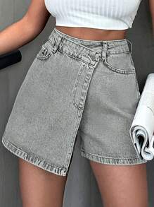 SHEIN Cottnline 夏季高腰不對稱包覆式牛仔緊身短裙 - 白色 - 查看 6