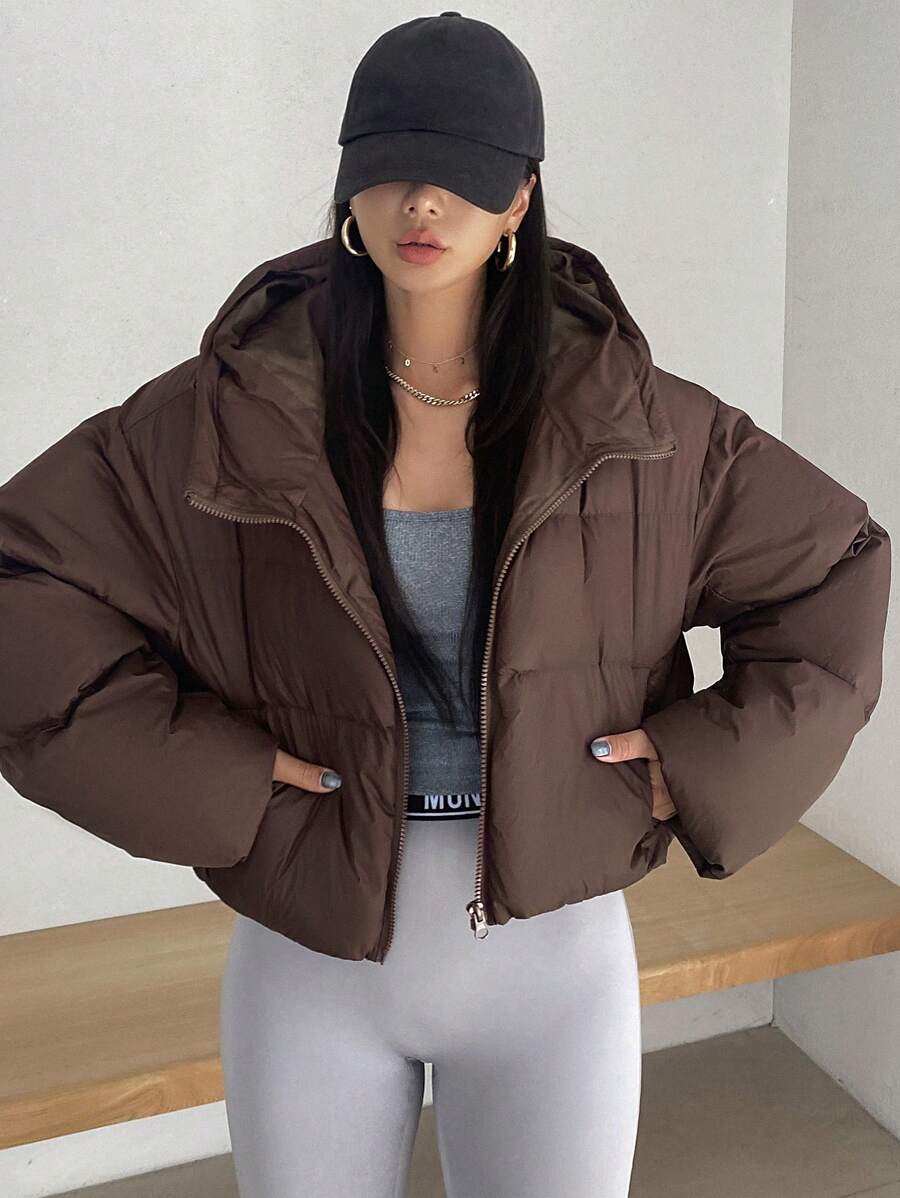 DAZY 女士连帽宽松长袖开襟棉衣，冬季女装，冬季女装外套 - 咖啡棕 - 查看 1