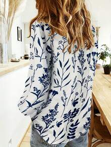 Blusa para mujer de manga larga, estilo holgado y cómodo, con cuello y estampado floral, de nuevo estilo europeo y americano para primavera y otoño - Blanco - Ver 2