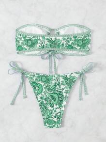 SHEIN Swim Women's Summer Beach Vacation Floral Printed Hollow Out Bandeau Sexy Bikini Set, Random Print