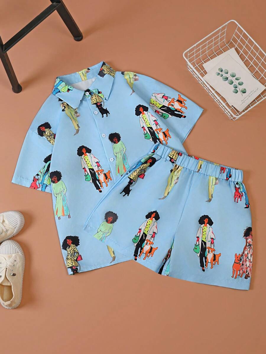 Teen Girls' Vacation Portrait Printed Shirt And Shorts Set - Blue - View 1