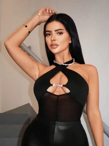 SHEIN SXY Sommerlicher, eleganter und sexy Damen-Bodysuit mit Mesh-Einsätzen, spielerischen Ausschnitten und halterlosem Design - Schwarz - Übersicht 7