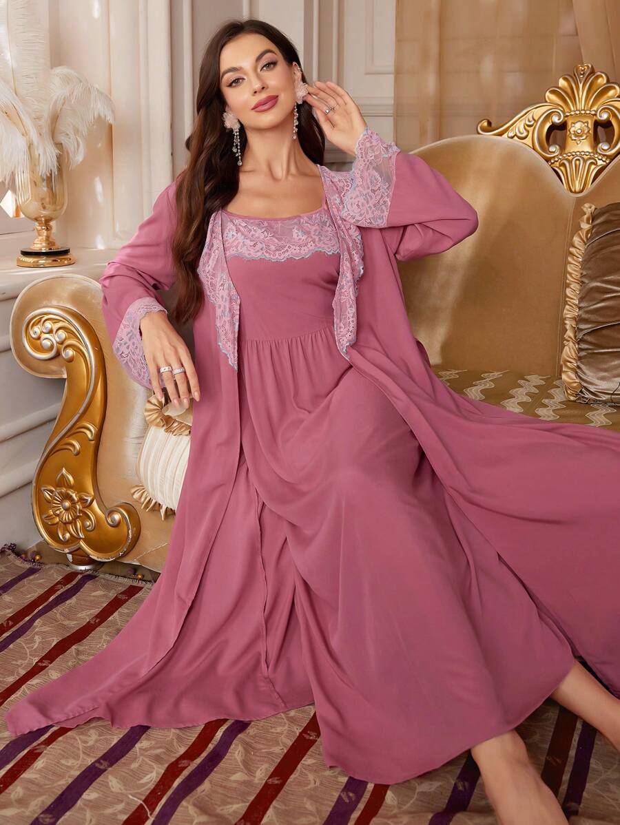 PalaceNights Vintage Embroidered 2pcs Women's Pajama Set, Fall Winter Clothes - Pink - View 1