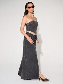 WESTFADE Premium Non-Stretch Cotton Denim Maxi Skirt - Grey - View 4