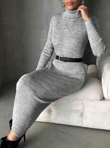 EURMUSE Women's Turtle Neck Long Sleeved Sweater Dress - Grey - View 3