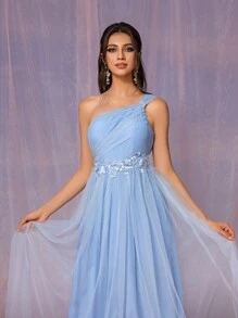 SHEIN Belle 優雅女士花卉裝飾網絡伴娘禮服（成人） - 淺藍色 - 查看 5