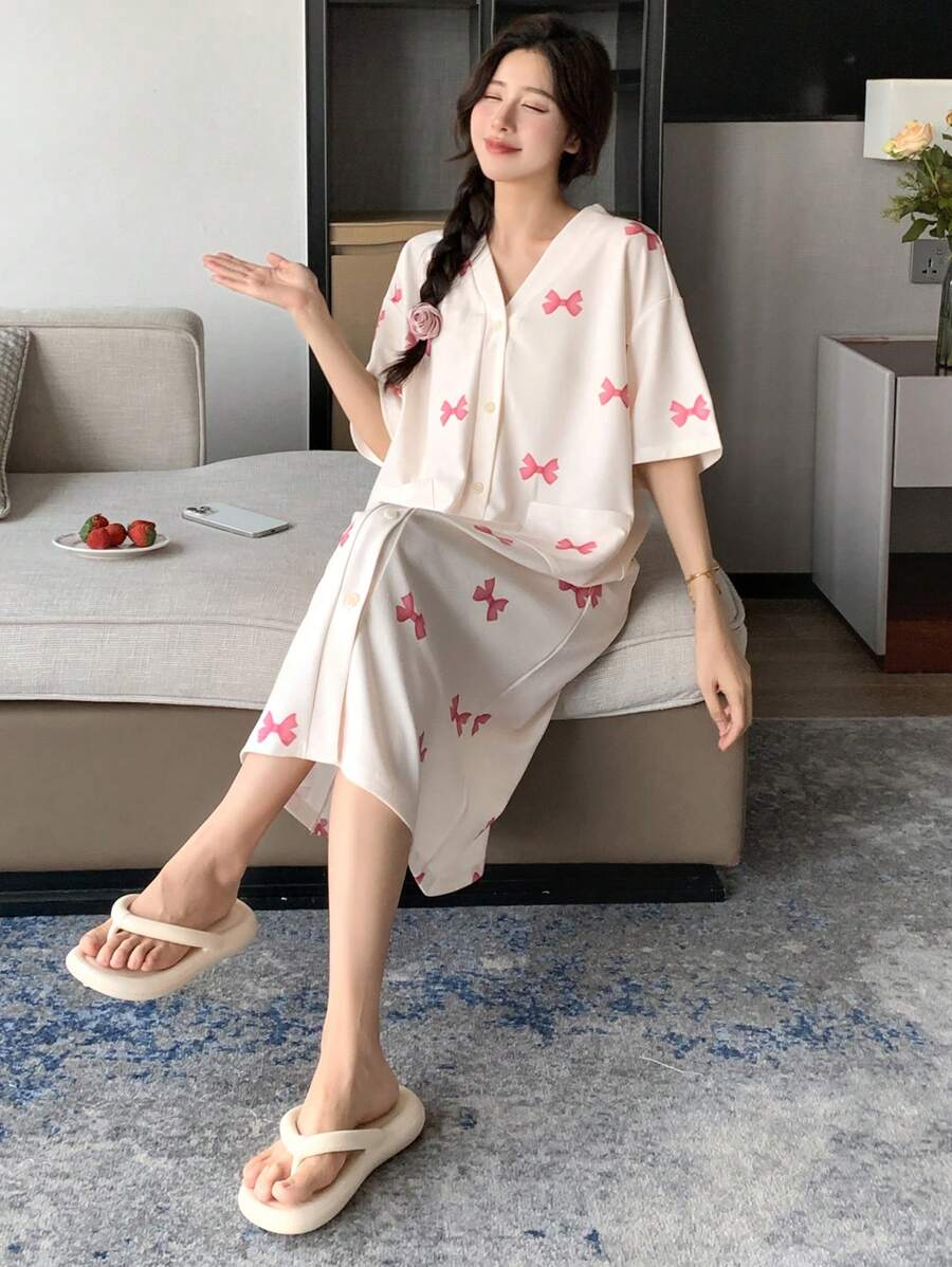DAZY 蝴蝶结印花双口袋开襟家居睡袍睡衣 - 粉色 - 查看 1