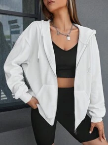 RueChic Sudadera con capucha con cierre y cordón frontal, de hombros caídos