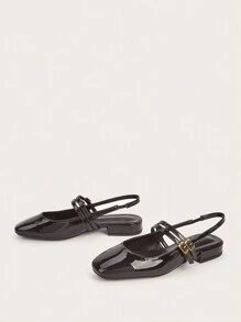 2025 Autumn Casual & Commute Burgundy Patent Leather Square Toe Bow Decor Strap Chunky Heel Sandals,Ballet Flats - Black - View 4