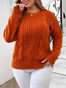 EMERY ROSE Plus Solid Cable Knit Drop Shoulder Sweater, For Winter Knit Pullover Fall Autumn - Coral Orange - View 6