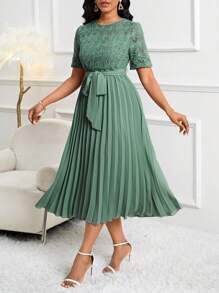 SHEIN Lady Wedding Guest Dress Water-Soluble Lace Pleated Waist Belted Women's Dress