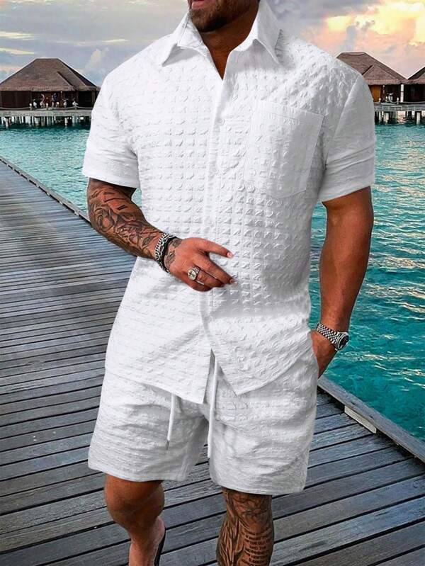 Manfinity RSRT Men Solid Pocket Patched Shirt & Shorts, Men All White Beach Set, Men Two Piece Set Summer, Manfinity Men Short Set