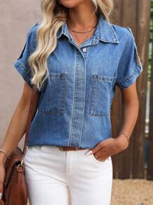 SHEIN LUNE 女款純色短袖牛仔襯衫上衣，附口袋，適用於夏季 - 藍色 - 查看 1