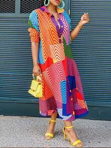 Slaydiva Casual Plus Size Women's Spring/Summer Colorful Wave Striped Long Sleeve Shirt Dress For Work/Commute - Multicolor - View 6
