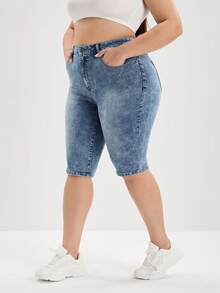 Jeans ajustados de talla grande, color azul lavado - Azul lavado medio - Ver 5