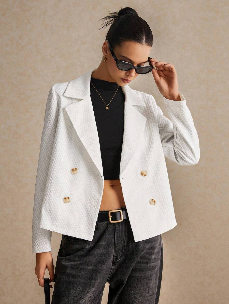 Poéselle 女款白色双排扣优雅长袖西装外套，短款西装外套，秋季长袖西装外套，女士西装外套，白色西装外套，职业女性，秋季女装 - 米色 - 查看 1