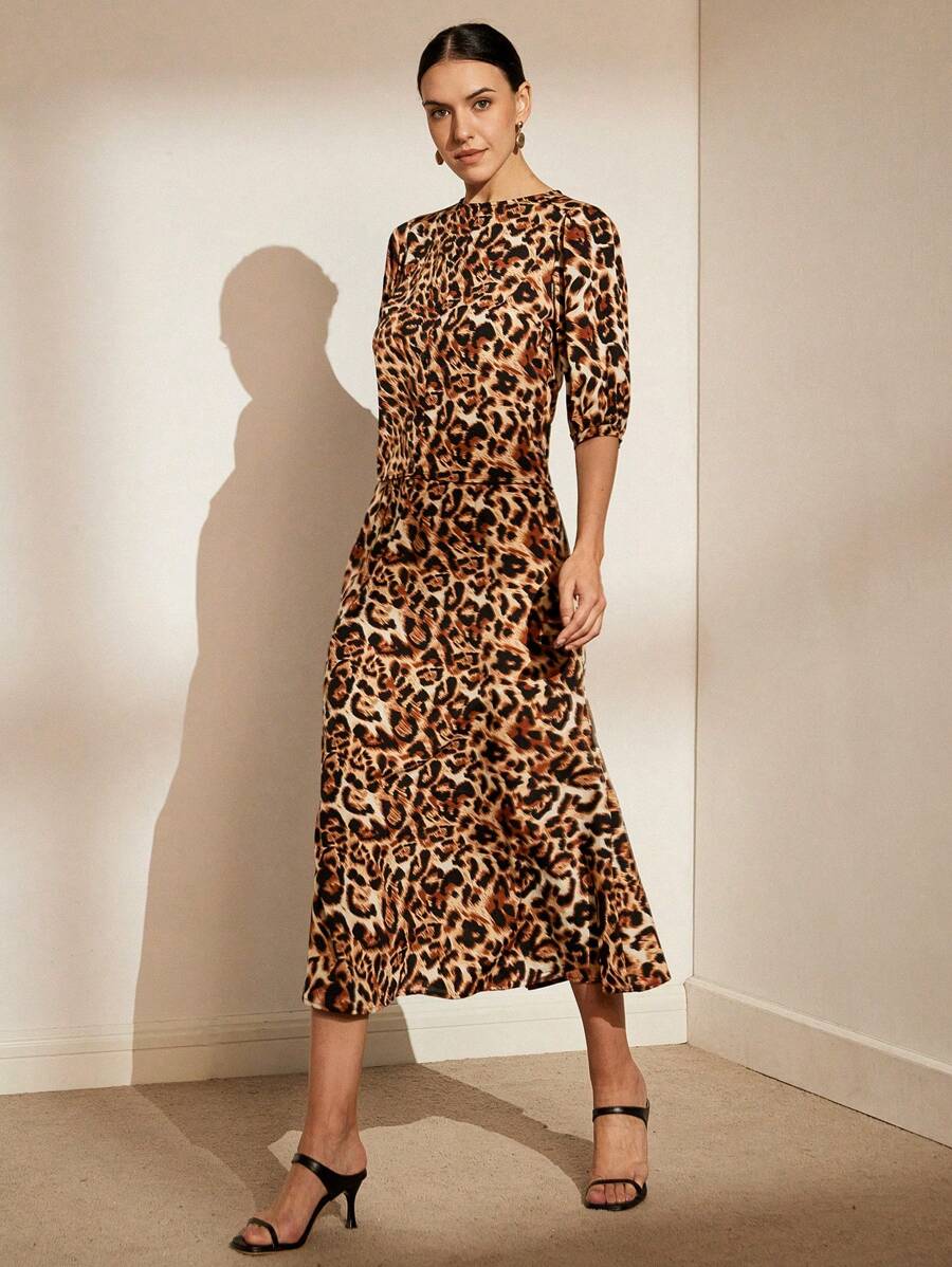 SHEIN Privé Random Leopard Print Open Front Top And Skirt Set - Multicolor - View 1