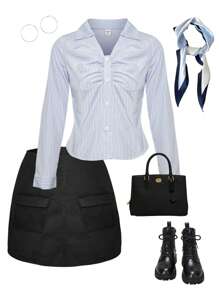 青少女休閒條紋襯衫，褶皺前設計與實用口袋裙套裝，適用於日常、上下班、休閒、街頭 - 淺藍色 - 查看 1