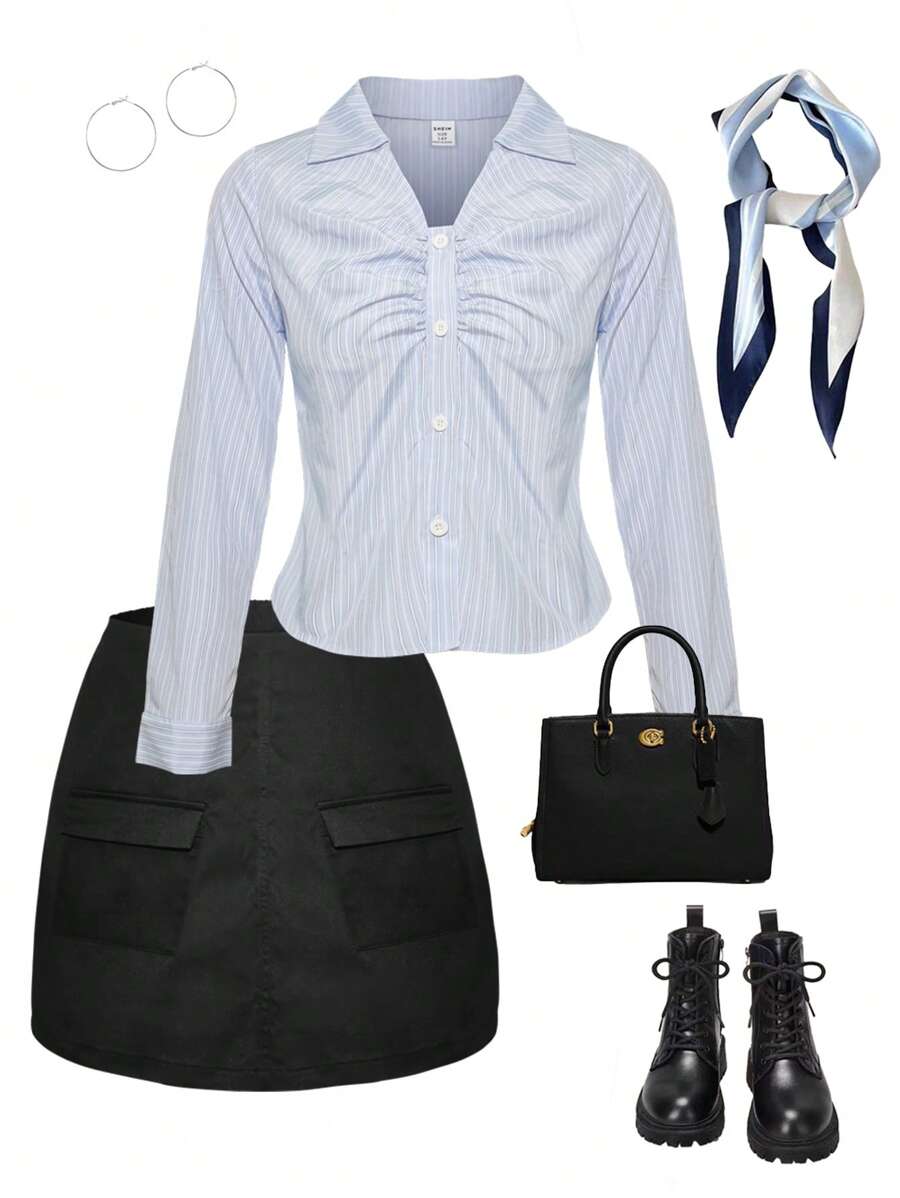 青少女休閒條紋襯衫，褶皺前設計與實用口袋裙套裝，適用於日常、上下班、休閒、街頭 - 淺藍色 - 查看 1