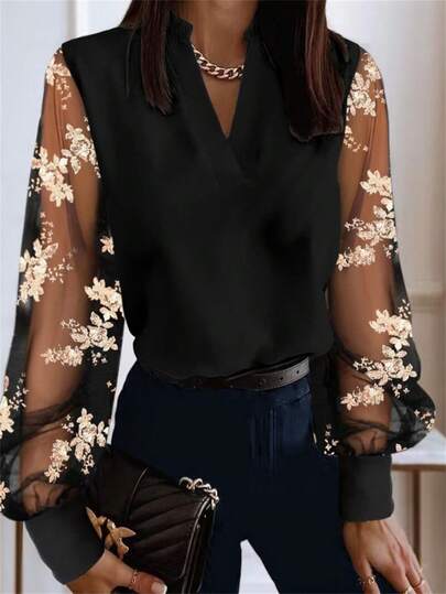 Floral Embroidery Mesh Lantern Sleeve Blouse