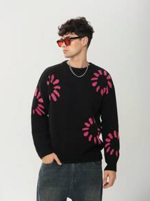 Pulover casual pentru bărbați, cu gât rotund, cu imprimeu floral, cu mânecă lungă