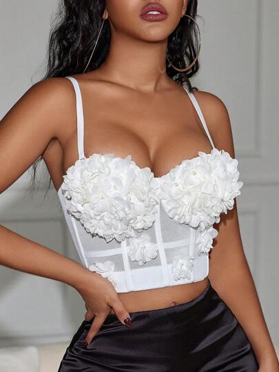 Yuwenier Solid Color Mesh 3D Floral Faux Pearl Camisole Backless Camisole For Women, Music Festival & Wedding Season Casual