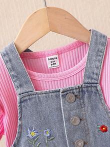Overol de mezclilla bordado para bebé niña con blusa de manga corta sólida - Rosa - Ver 5
