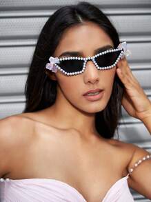 SHEIN ICON 1 peça Óculos de moda com efeito de olho de gato com pérola natural/abulone emoldurado fofo, adequado para festas, boates, uso casual, shows/festivais