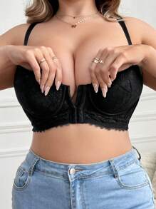 大码性感浪漫休闲舒适前钩眼蕾丝胸罩，防止下垂，托胸，可调节，1 件内衣 - 黑色 - 查看 6