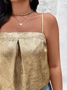 SHEIN Unity Plus Size Women Woven Elegant Shiny Loose Metallic Spaghetti Strap Pleated Camisole For New Year Holiday Party Clothes - Gold - View 6