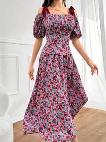 Seusyu Ensemble haut et jupe pour femmes à lien d'épaule imprimé de fleurs et noué, à plis