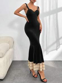 EURMUSE Women's Sleeveless Mesh Patchwork Ruffle Hem A-Line Dress