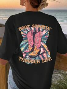 INAWLY Loose Summer T-Shirt, Women's Oversized Short Sleeve Tee With Western Cowboy Boot Print On The Back Graphic Tees Women Tops