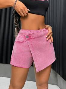 SHEIN PETITE 女士甜美牛仔短裙套裝迷你粉色短褲，Y2k短褲，返校服裝 - 粉色 - 查看 3
