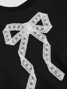 SHEIN MOD 黑色蕾丝蝴蝶结缎带领带复古可爱女士秋冬运动衫返校服装秋季服装 - 黑色 - 查看 3
