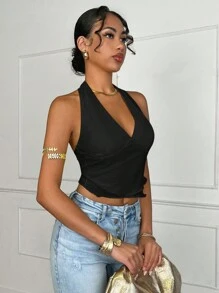 SHEIN BAE 夏季上衣 透视V领沙滩度假黄色背心 夏季露脐吊带背心 夏季露脐上衣 - 黑色 - 查看 6