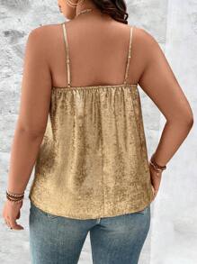 SHEIN Unity Plus Size Women Woven Elegant Shiny Loose Metallic Spaghetti Strap Pleated Camisole For New Year Holiday Party Clothes - Gold - View 2