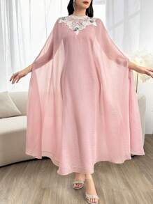 Modelyn Appliques Cloak Sleeve Dress & Mock Neck Dress 2 Pieces Set - Pink - View 1