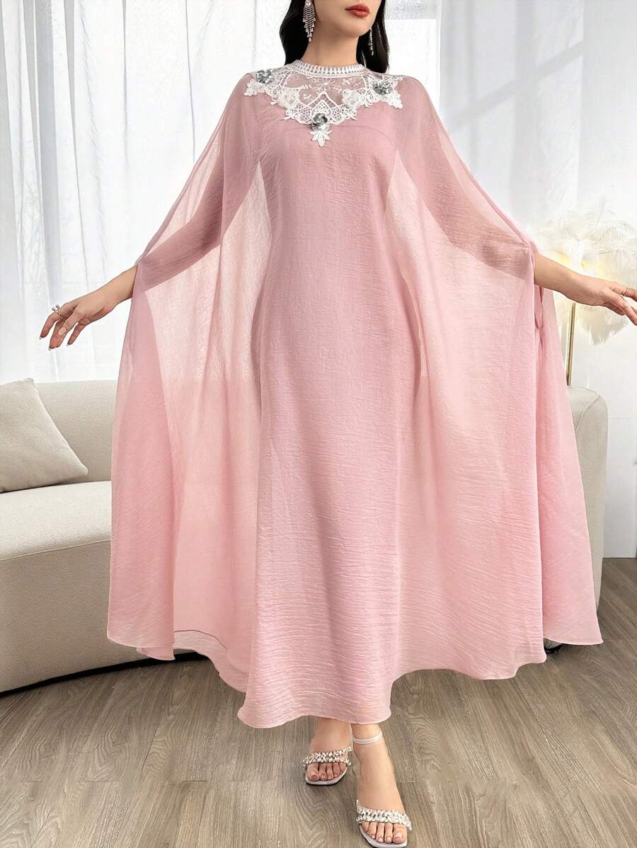 Modelyn Appliques Cloak Sleeve Dress & Mock Neck Dress 2 Pieces Set - Pink - View 1