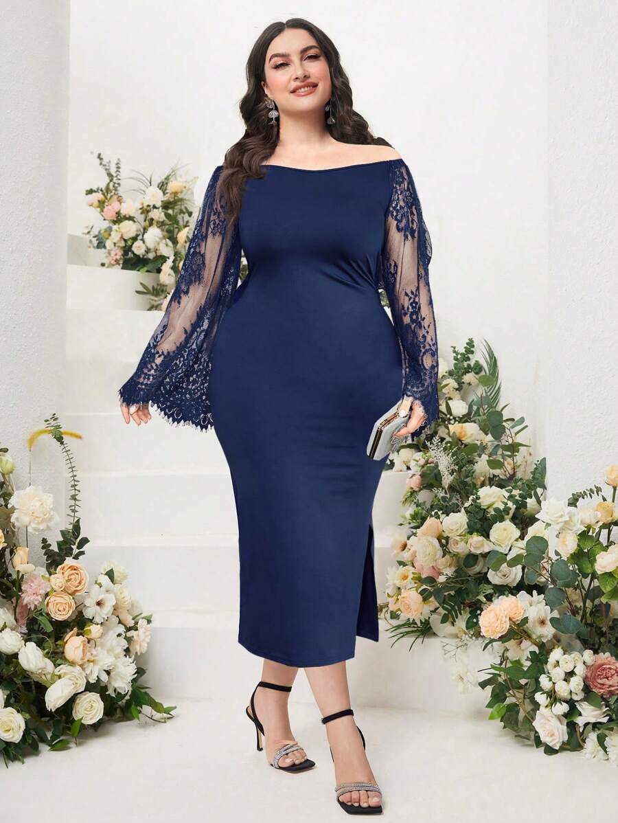 Modelyn Vestido de hombros descubiertos con encaje de manga campana de muslo con abertura - Azul Marino - Ver 1