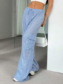 SHEIN Unity Casual Blue And White Striped Drawstring Waist Straight Cargo Trousers - Blue and White - View 5