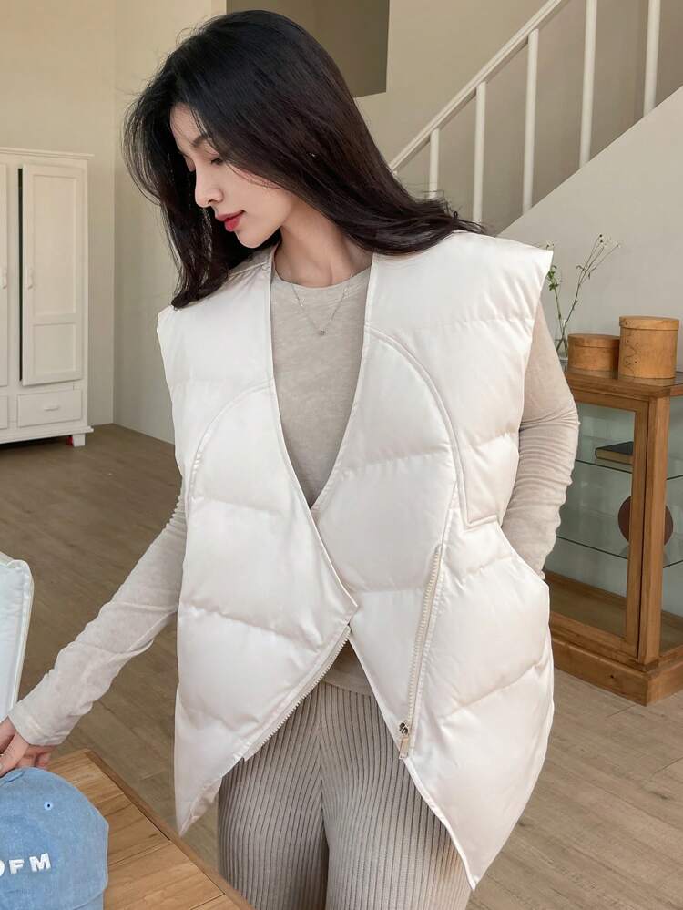 Solid Color Sleeveless Women's Padded Coat With Diagonal Zipper ,Winter Women Clothes,Winter Coat Women Jacket Vest