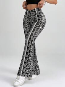 SHEIN PETITE Allover Print Slim Fit Knitted Flared Summer Beach Women Hippie Pants - Black - View 7