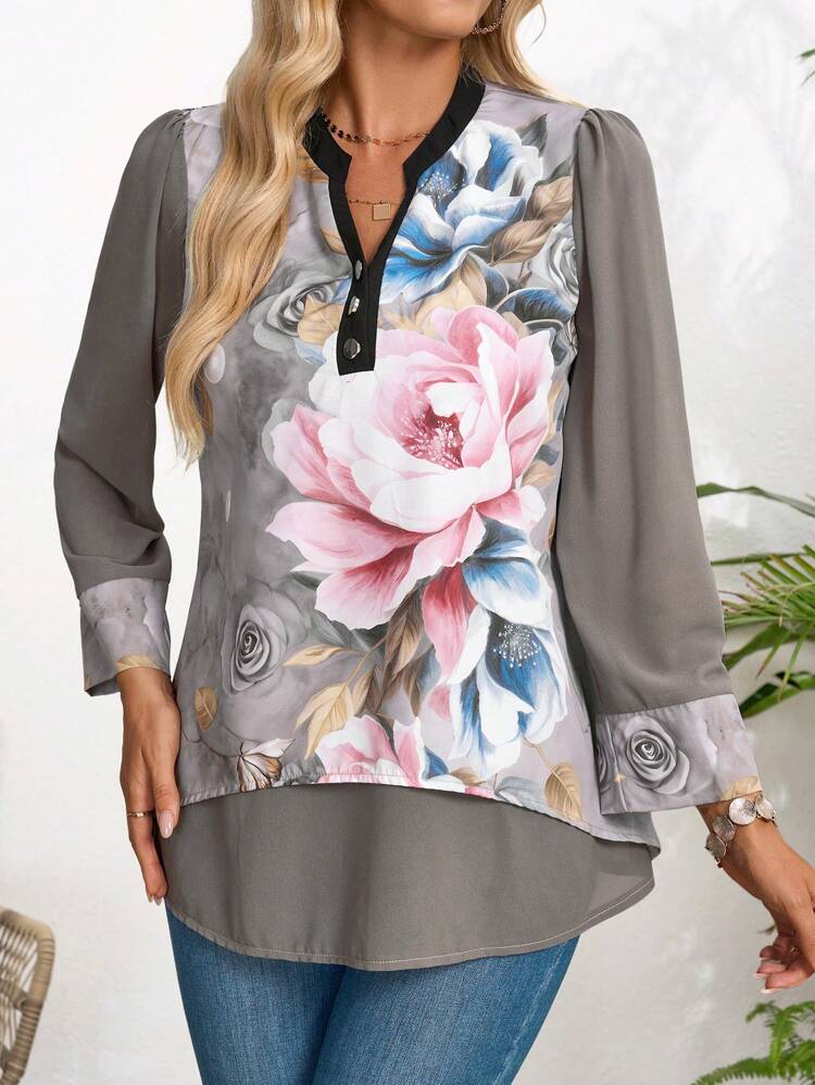 Autumn Leisure Grey Long Sleeve Shirt With Flower Print & Patched Design, Notched Neck