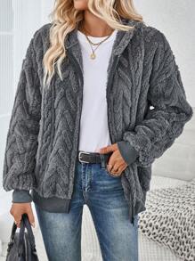 EMERY ROSE Grey Plush Texture Long Sleeve Zippered Hooded Jacket In Fall/Winter - Dark Grey - View 1