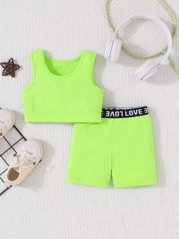 SHEIN Conjunto Casual Deportivo Minimalista Diario Para Niña Bebé De 2 Piezas, Verde Fluorescente, Adecuado Para Salidas De Primavera Y Verano - Verde - Ver 1