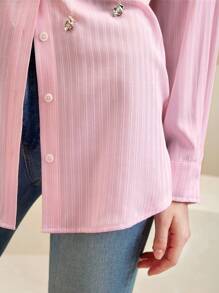 Anewsta Oversized Striped Shirt With Rhinestone Decoration For Urban Commute - Pink - View 4