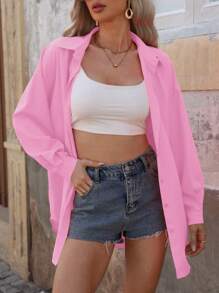 EMERY ROSE Solid Drop Shoulder Shirt For Spring And Summer Fall Cloth For Women - Pink - View 3