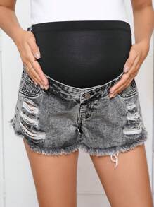 SHEIN 孕婦磨損牛仔短褲，夏季休閒穿著，帶口袋和鬆散邊緣 - 淺灰色 - 查看 5